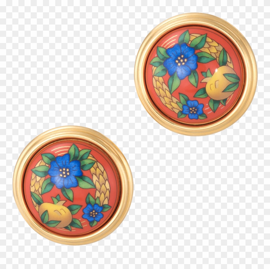 Hermes Orange Enamel Round Clip Earrings Flowers Yellow - Earrings - Png Download