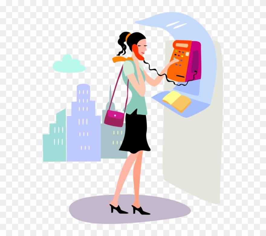 Vector Illustration Of Young Woman Makes Call From - Illustration Clipart