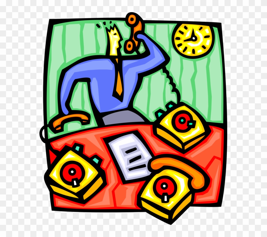 Vector Illustration Of Overworked Businessman Answering - Returning To Work From An Illness Clipart