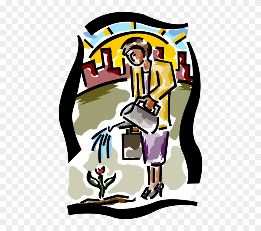 Vector Illustration Of Woman Watering Flower To Nurture Clipart