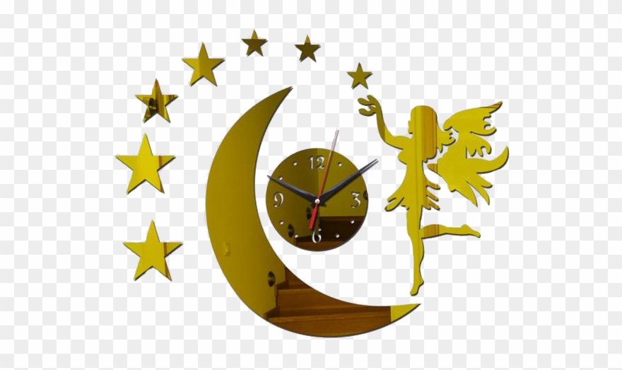 Fairy With Moon & Stars Acrylic Mirror Wall Clock For - Wall Clocks Clipart