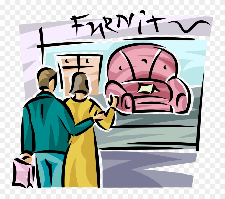 Vector Illustration Of Couple Stand At Retail Storefront - Shopping Furniture Png Clipart