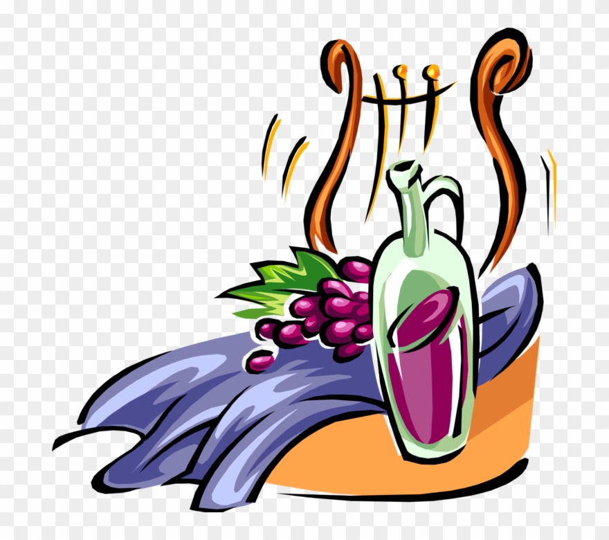 Vector Illustration Of Fruit Grapes, Wine And Harp - Storia Del Vino Clipart