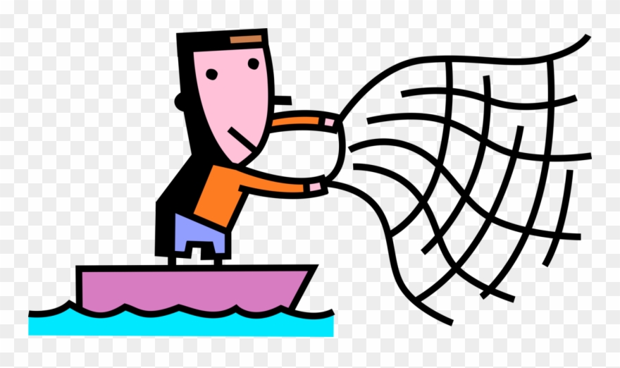 Vector Illustration Of Sport Fisherman Angler Throws - Cartoon Fisherman With Net Clipart