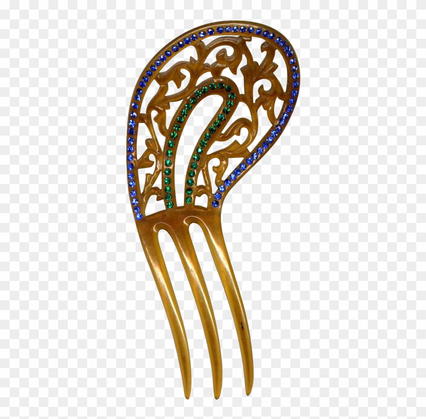 Gold Celluloid Comb With Blue And Green Rhinestones - Illustration Clipart