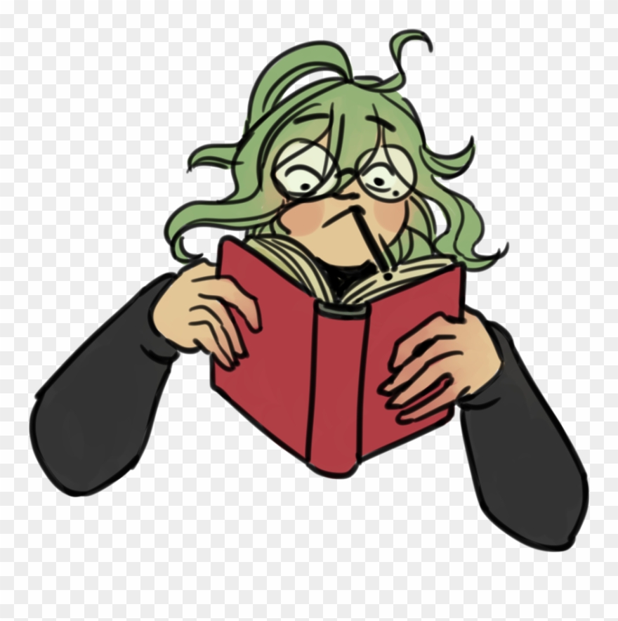 A Green-haired Boy Holds Up A Book, Reading Intently, - Cartoon Clipart