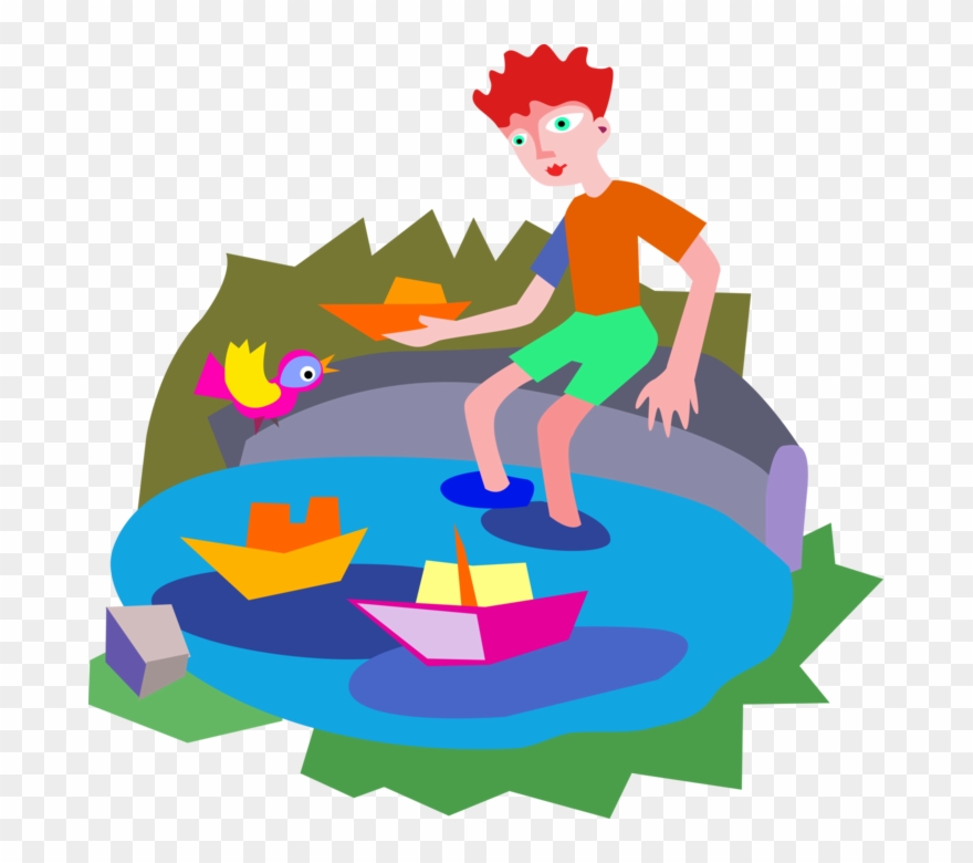 Vector Illustration Of Playing With Toy Boats In Wading Clipart