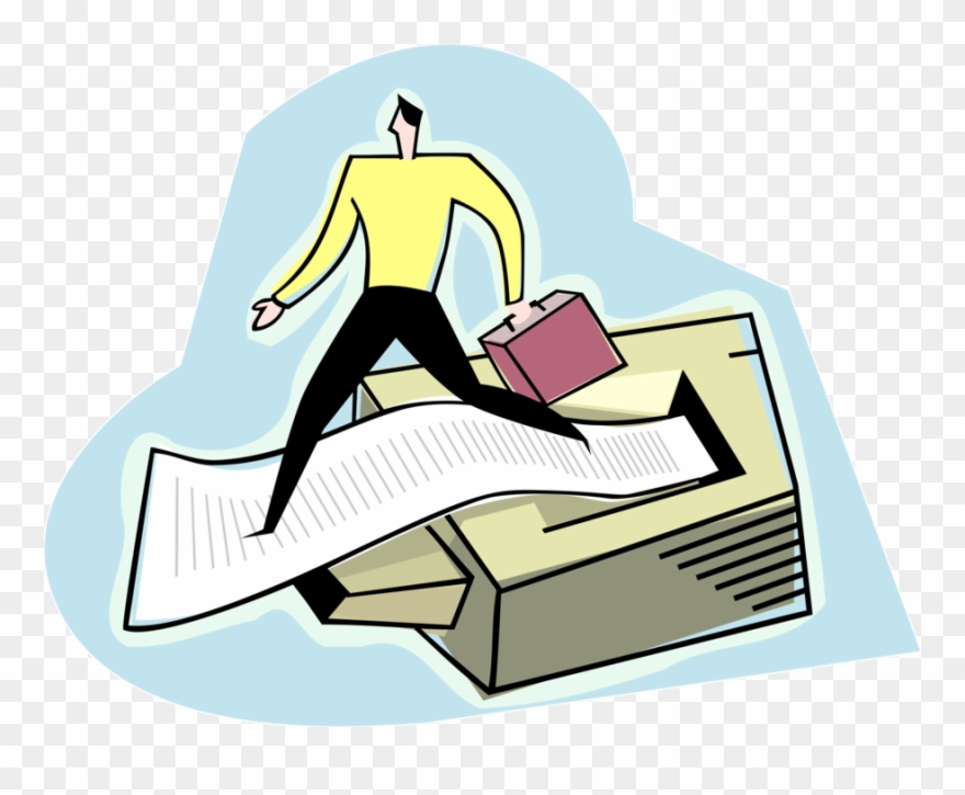 Vector Illustration Of Businessman Walking On Printer - Sitting Clipart