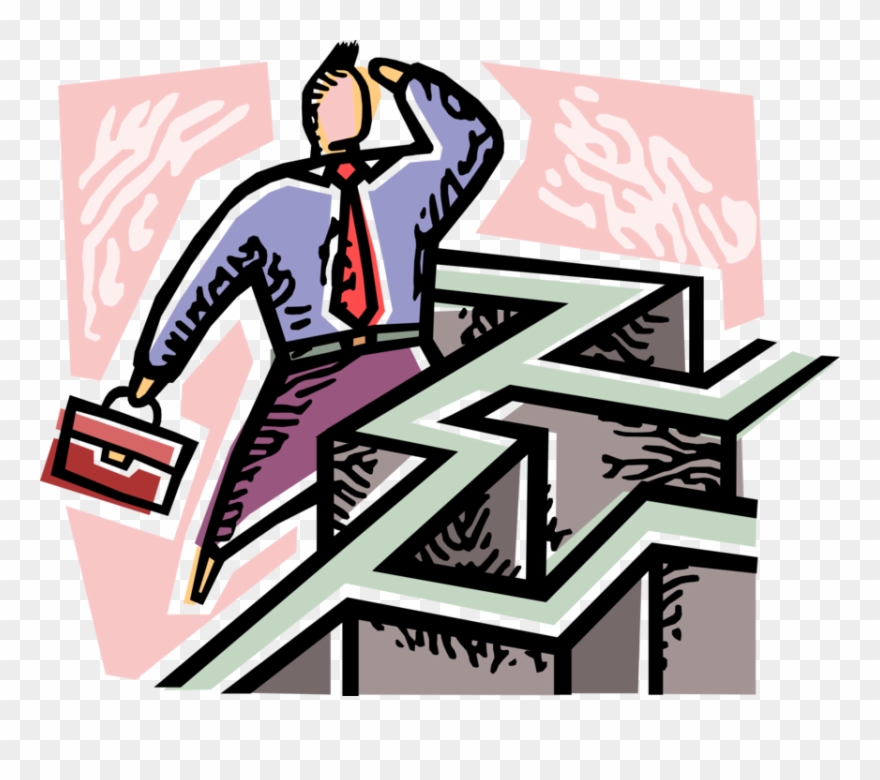 Vector Illustration Of Businessman Negotiates Maze - Illustration Clipart