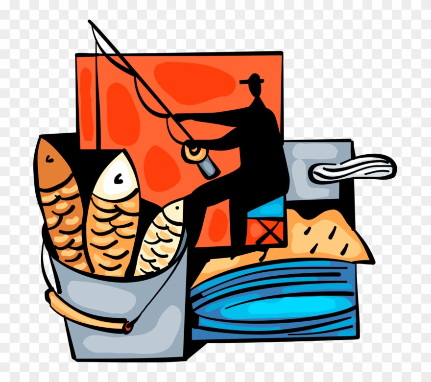 Vector Illustration Of Sport Fisherman Angler Catches Clipart