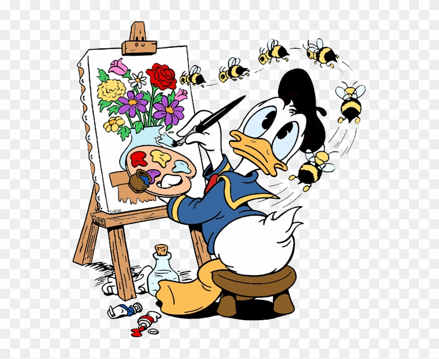 Donald Painting Flowers, Attracted By Bees - Cartoon Clipart
