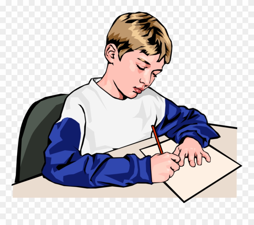Vector Illustration Of Schoolboy Student Writing Answers - Boy Writing A Story Clipart