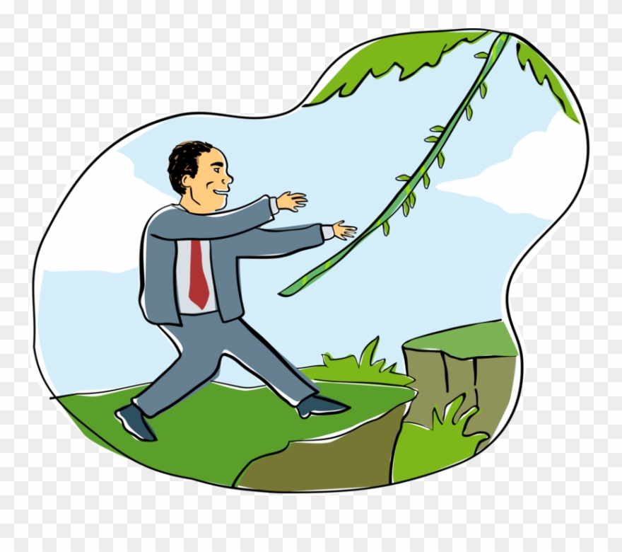 Vector Illustration Of Businessman Grabs Vine In Jungle - Cartoon Clipart