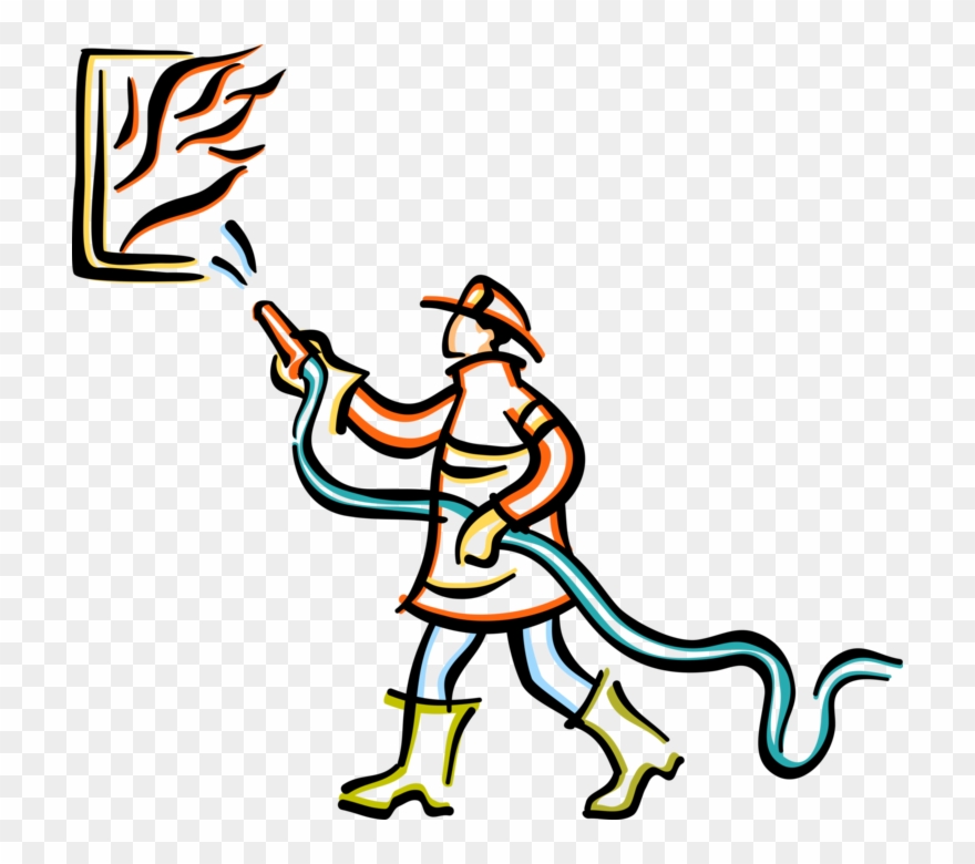 Vector Illustration Of Firefighter Fireman Fights Blazing - Cartoon Fireman Putting Out Fire Clipart