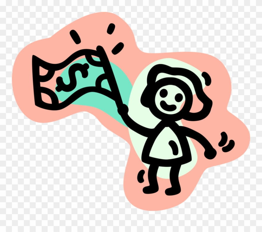 Woman Waves Dollar Flag - Cartoon Clipart