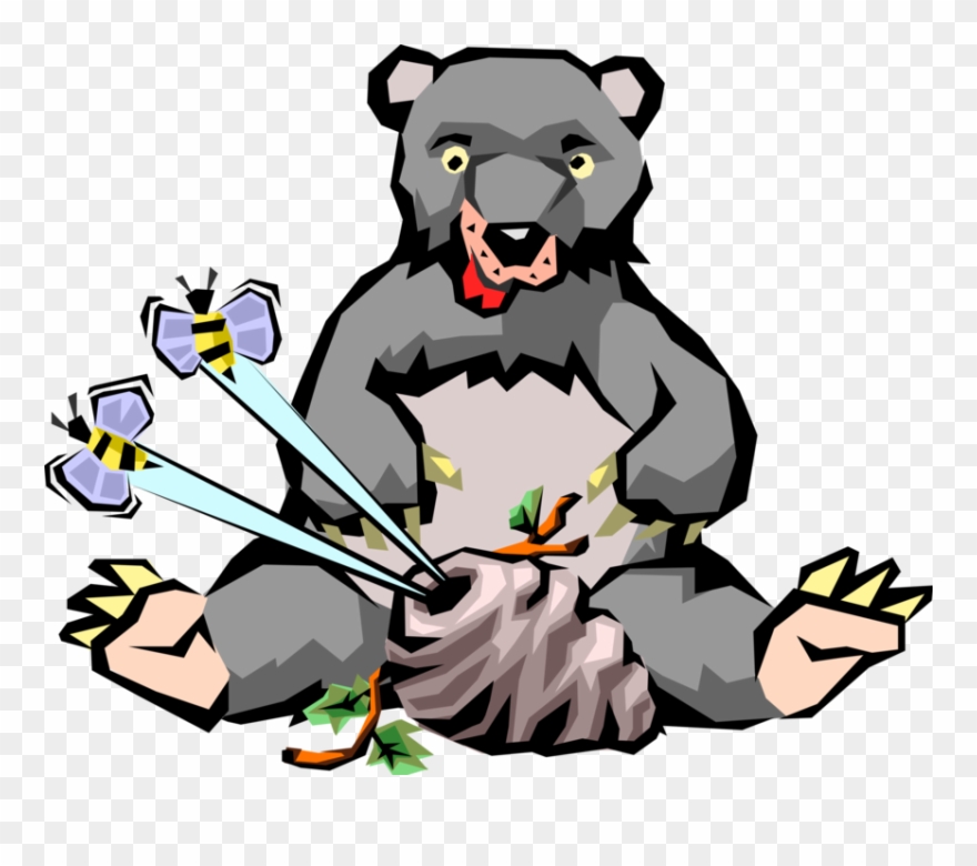 Vector Illustration Of Hungry Bear Attacks Beehive - Cartoon Clipart