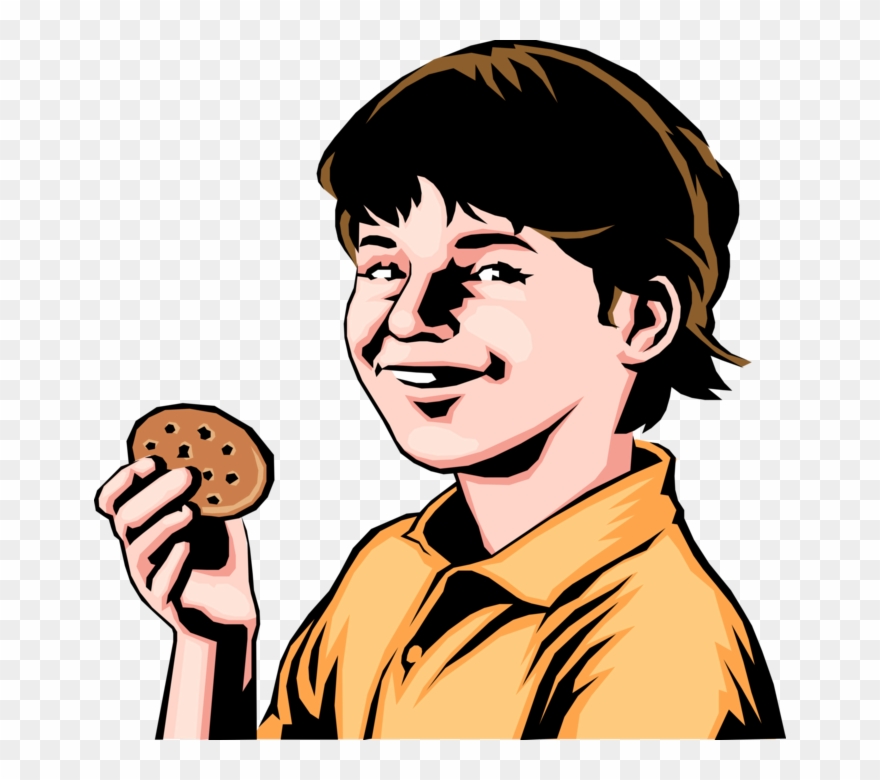 Vector Illustration Of Boy With Chocolate Chip Cookie - Cartoon Clipart
