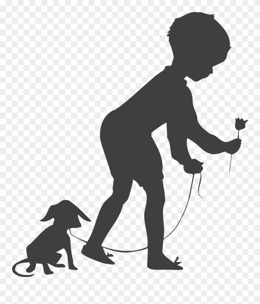 Boy With Dog And Flower Silhouette - Child Clipart