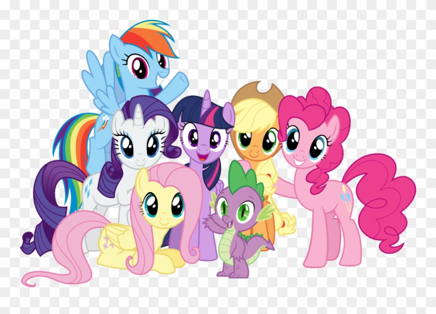 Alicorn, Applejack, Artist Needed, Dragon, Fluttershy, - Mlp Mane 6 And Spike Clipart