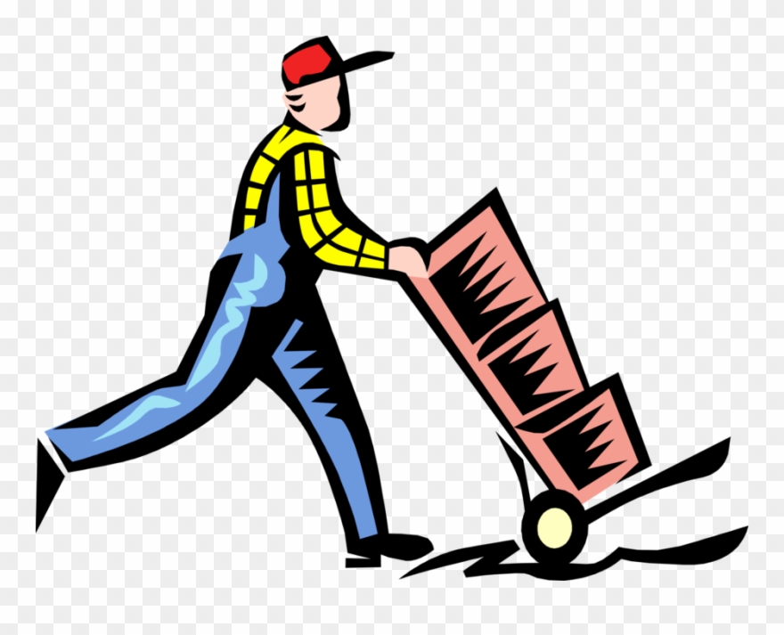 Vector Illustration Of Warehouse Worker Pushes Handcart - Newton's Second Law Of Motion Clipart