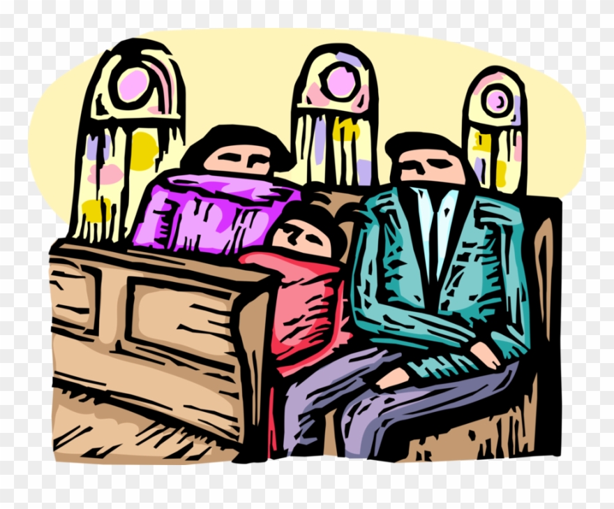 Vector Illustration Of Family Parishioners Sit In Church Clipart