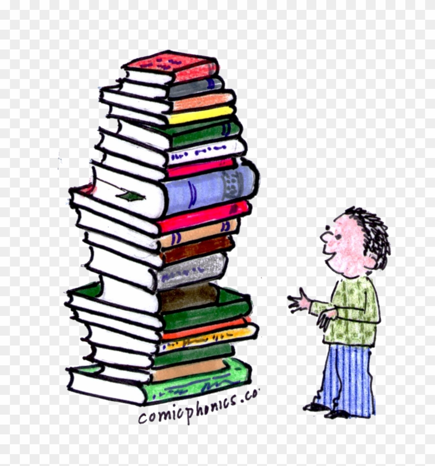 Preschooler Looking At A Tall Stack Of Books - Allusion Clipart Example - Png Download