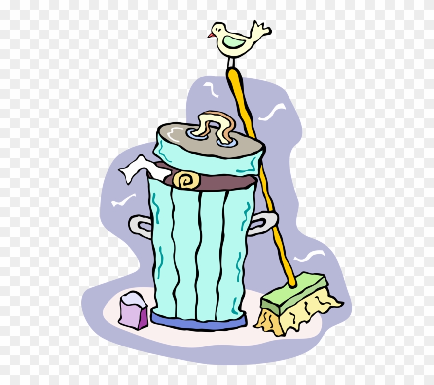Vector Illustration Of Garbage Or Trash Can With Broom - Broom And Trash Can Clipart