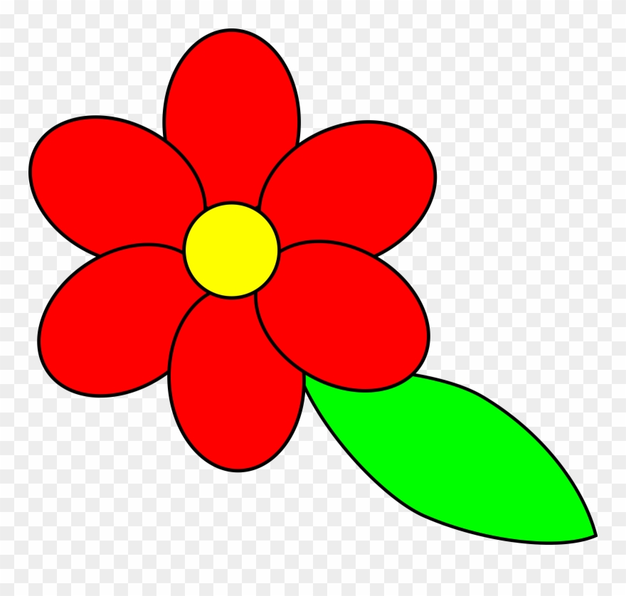 Flower Six Red Petals Black Outline Green Leaf - Cartoon Flowers And Leaves Clipart