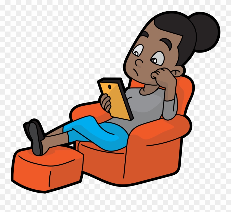 Cartoon Black Woman Using Her Mobile Tablet - Sitting Clipart