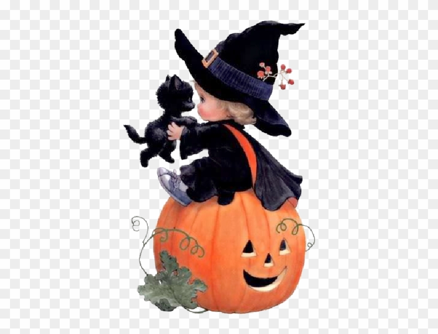 Cartoon Baby Witch With Black Cat,black Hat Witches - Halloween Witch Black Cat And Witches Clipart