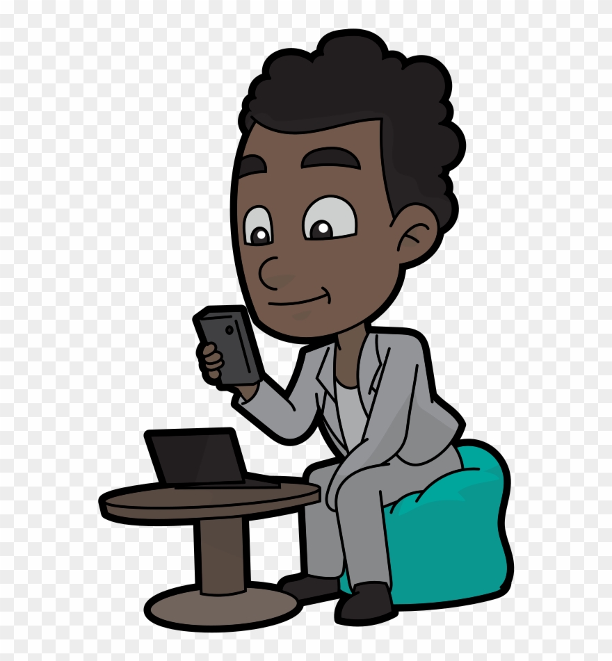 Cartoon Black Guy Using His Smartphone - Cartoon Clipart