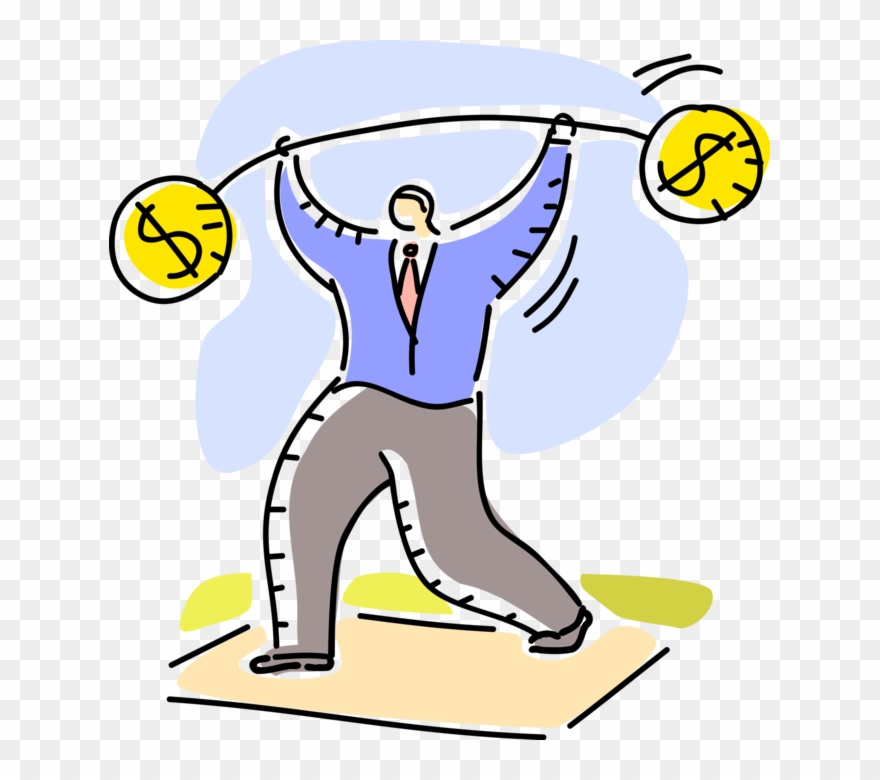 Vector Illustration Of Businessman Flexes Muscles Lifting Clipart