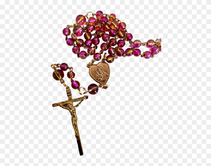 Rosary Pink With Gold Mary And Jesus Heart - Christian Cross Clipart
