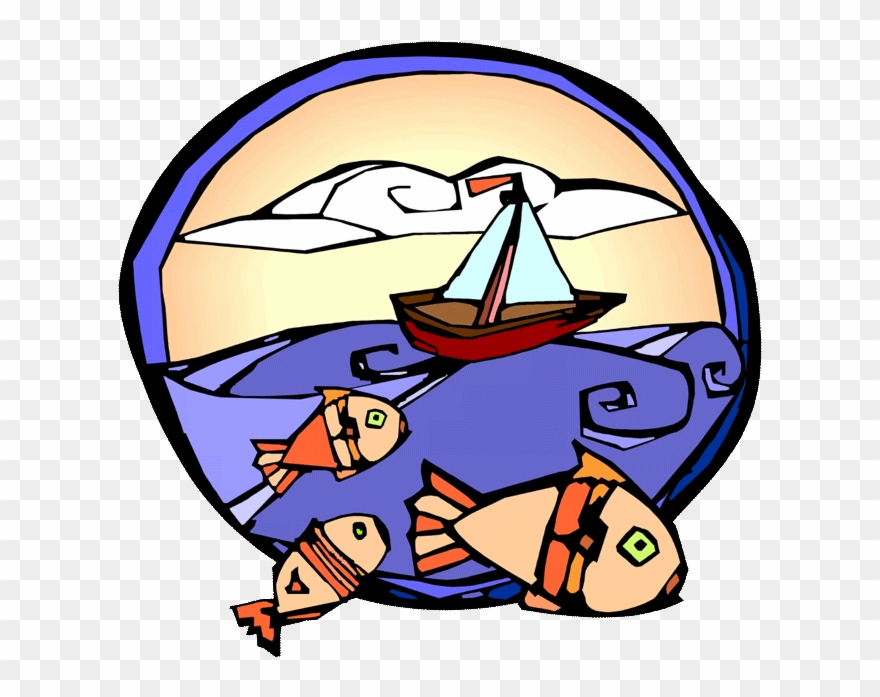 Logo Of A Boat And Three Fish In The Sea Clipart