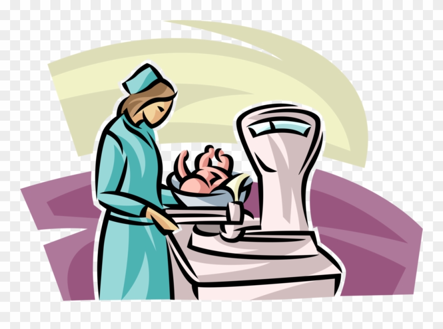 Vector Illustration Of Newborn Infant Baby Weighed - Illustration Clipart