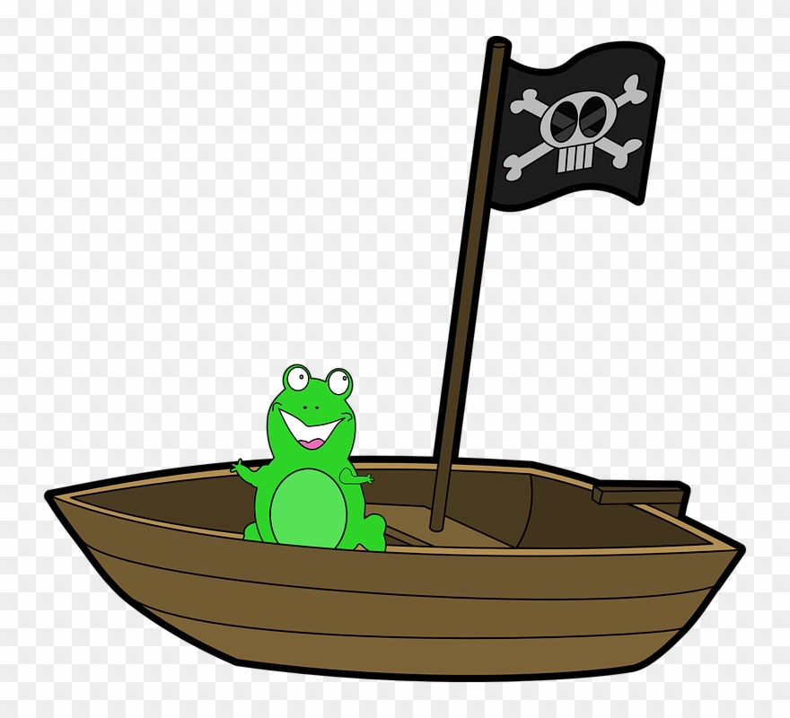 Boat, Frog, Smiling, Green, Pirate, Flag, Skull - Frog On A Boat Clipart