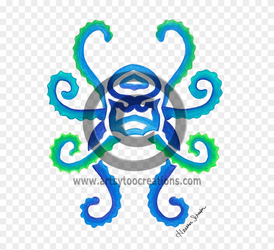Tribal Octopus Hand-drawn Original Colored Pencil Artwork - Emblem Clipart