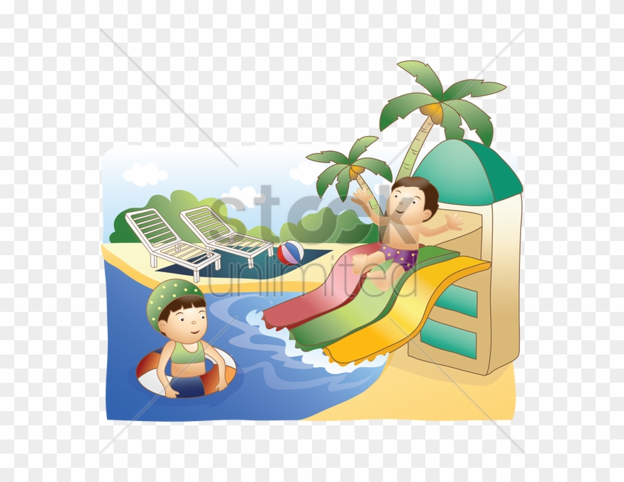 Kids Having Fun In Waterpark Vector Image - Kids Water Park Vector Clipart