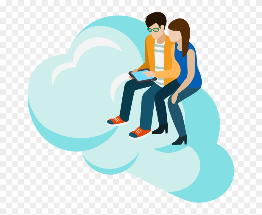 Man Showing Woman Tablet Pc On Cloud - Stock Illustration Clipart