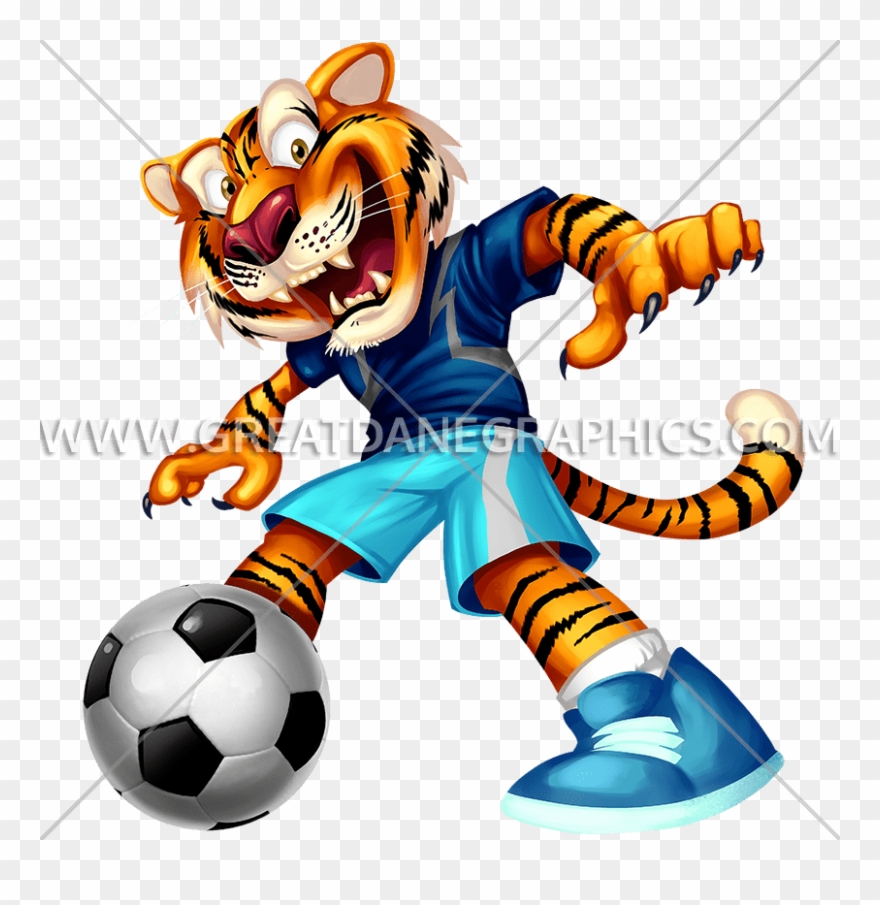 Kick Production Ready Artwork For T Shirt - Cartoon Tiger Playing Sports Clipart