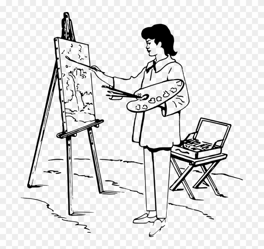 Painting Easel Black And White Drawing Art - Drawing Of A Person Painting Clipart