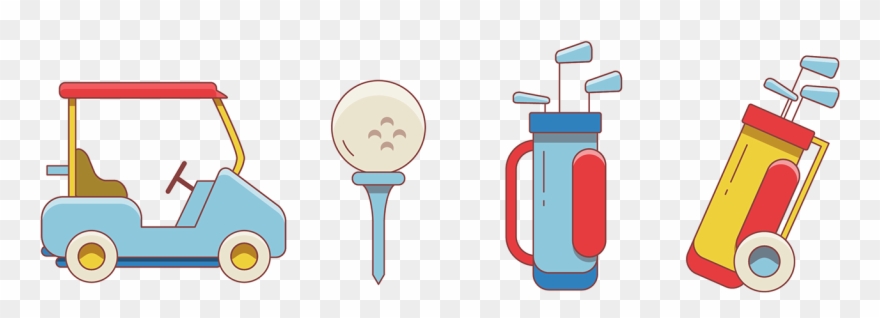Golf Cart, Ball And Tee, Golf Clubs, Golf Bag On Wheels - Cartoon Clipart