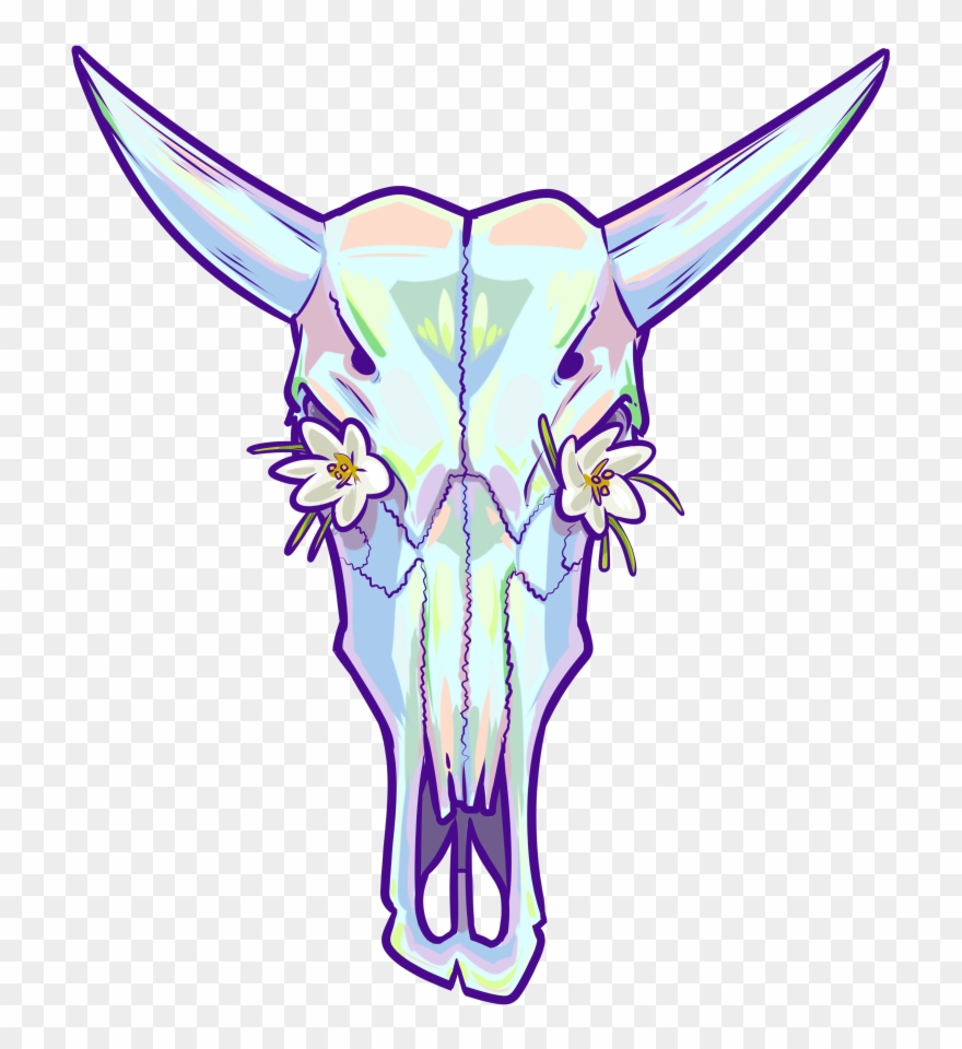 Opal Cow Skull And Crocuses - Illustration Clipart