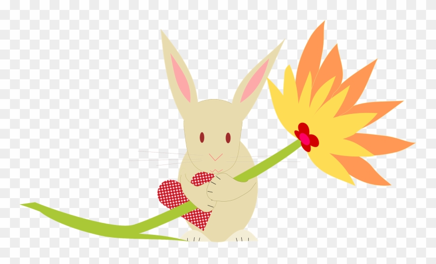 Bunny With Heart And Huge Flower - Clip Art - Png Download