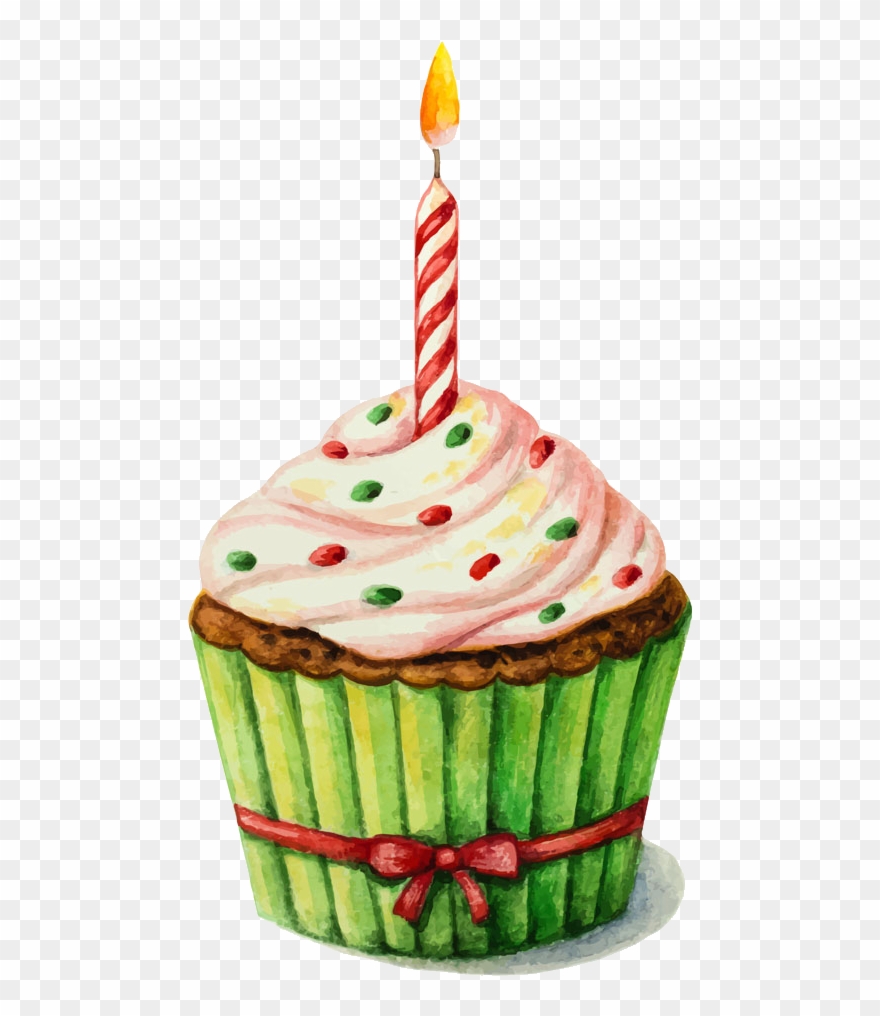 Birthday Cake Painting Clip Art Drawing A - Cupcake With A Candle - Png Download