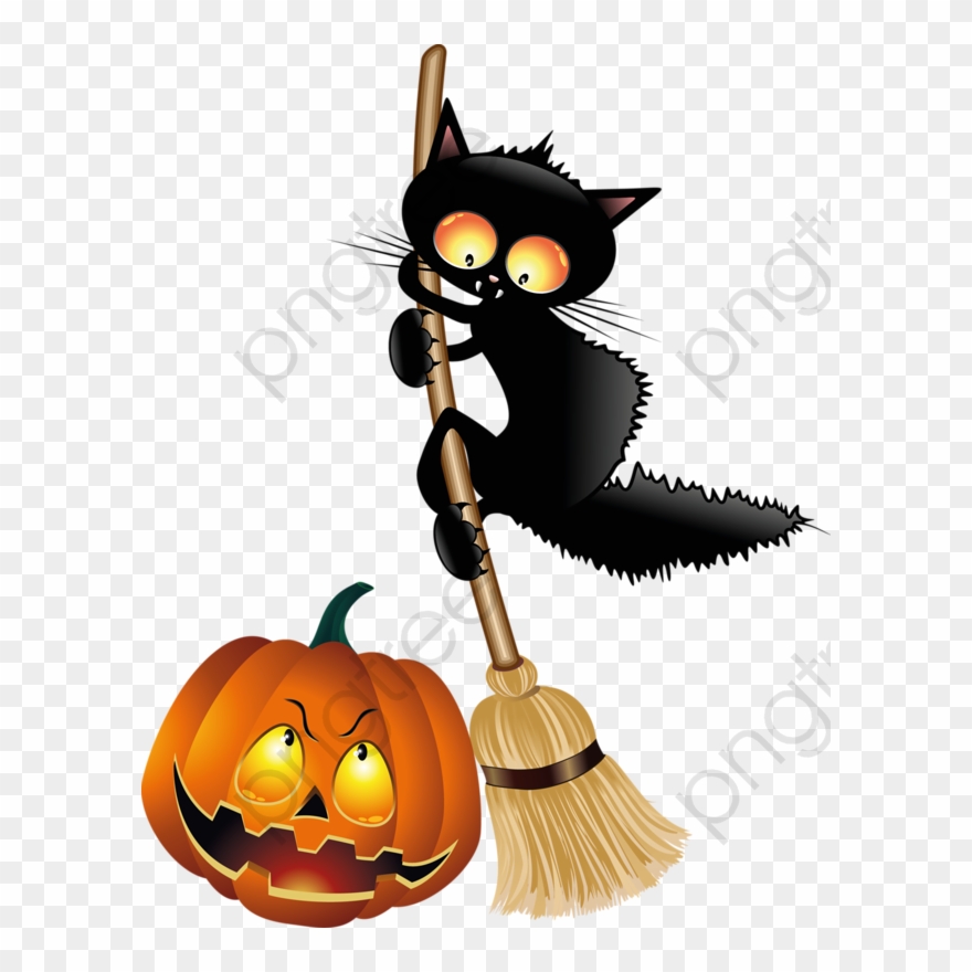 Black Cat Clipart Illustration - Halloween Cat And Pumpkin - Png Download
