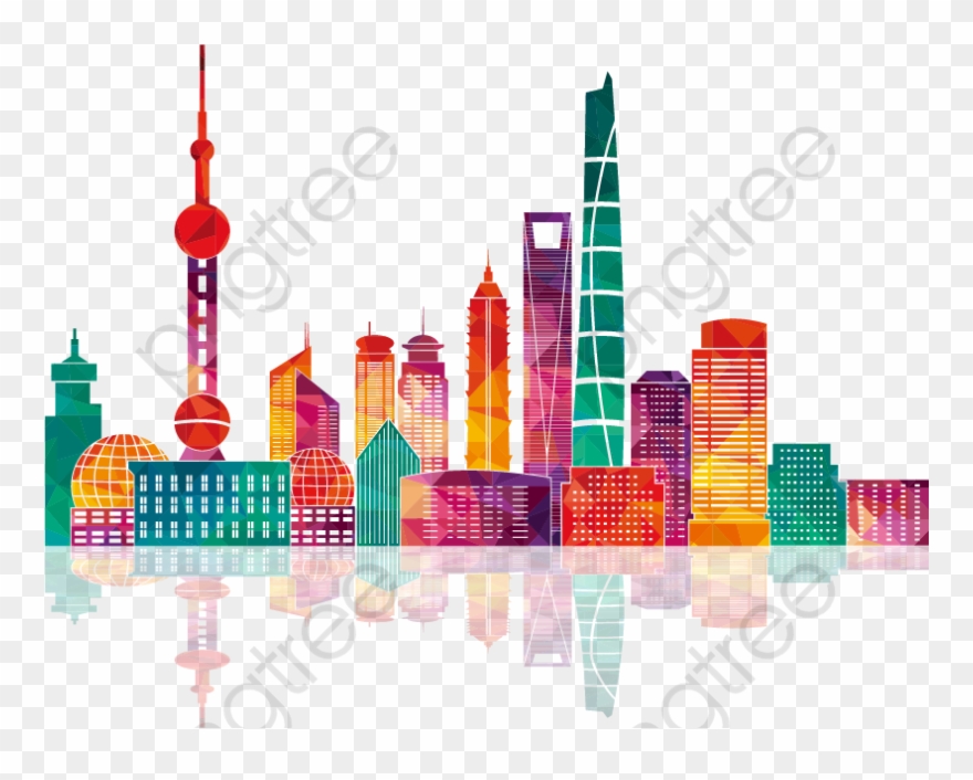 Colorful Shanghai Building Silhouettes - Shanghai Skyline Illustration Clipart