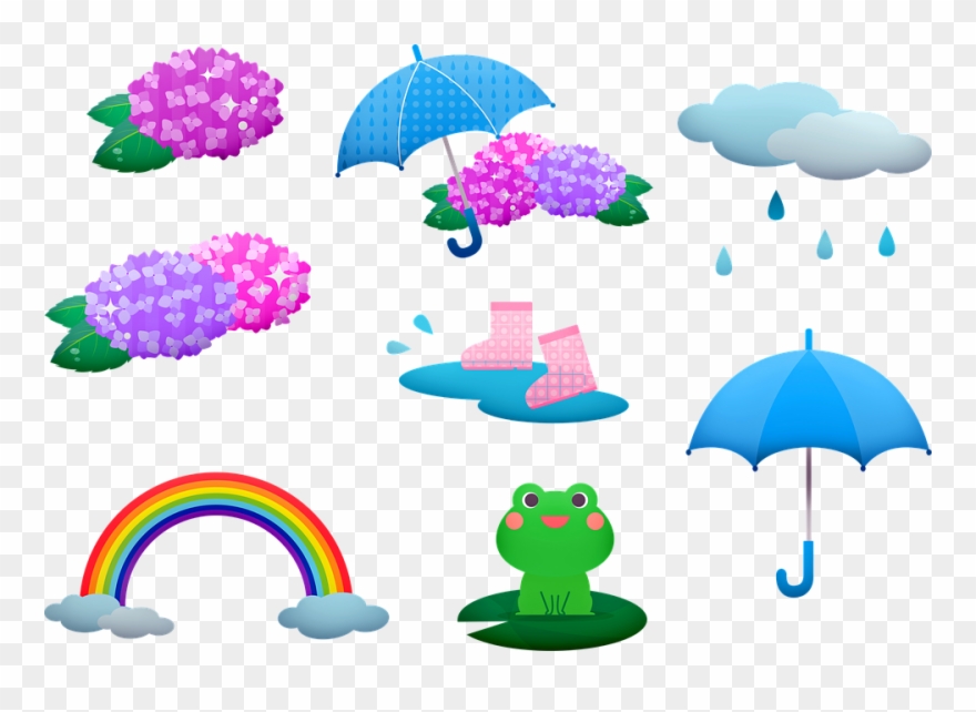 Rainy Season Frog Kawaii Asian Hydrangea Rain - Umbrella Clipart