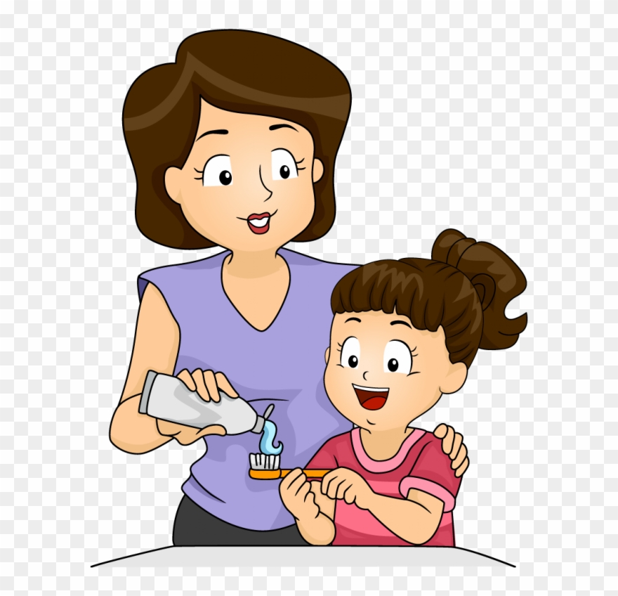 Download Mother And Kid Brushing Teeth Clipart Tooth - Baby Brush Teeth Cartoon - Png Download