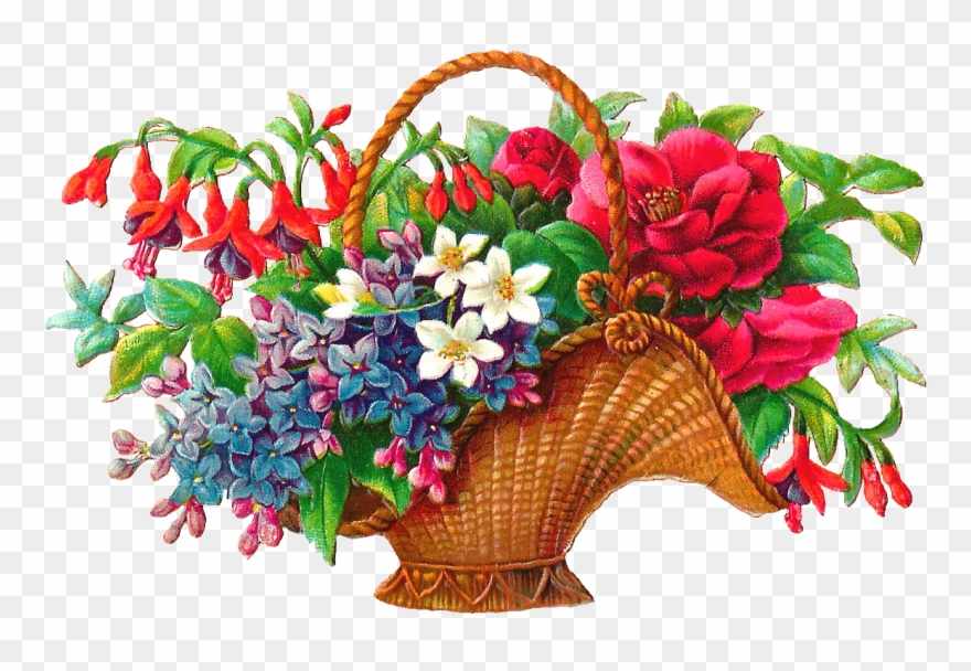 Antique Images Free Flower Basket Clip Art 2 Wicket - Basket Full Of Flowers - Png Download